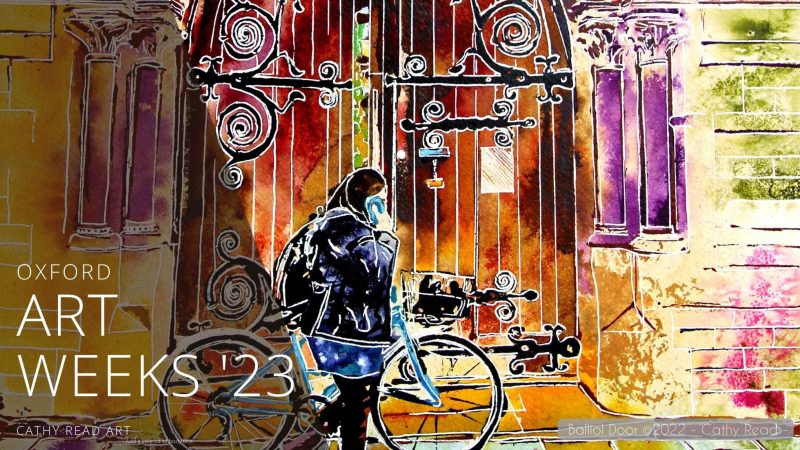 Oxford Artweeks 2023, painting of Balliol College with woman pushing a bicycle talking on her phone. Painted by Contemporary artist Cathy Read