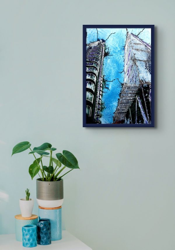 Room setting with New Kid on the Block by artist Cathy Read. An original painting of the Fenchurch Street, London with the Cheesegrater and Lloyds Building