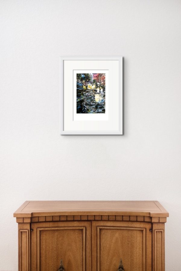 Room setting featuring A3 print of the painting Sloane Square at Night, created by contemporary artist Cathy Read
