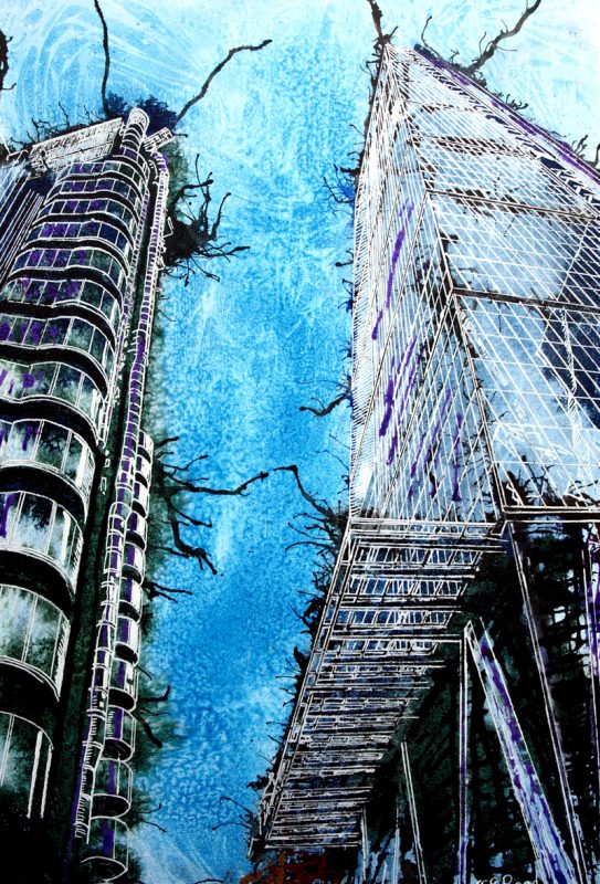 Painting of Fenchurch Street in London by artist Cathy Read featuring the Lloyds Building and the Cheesegrater
