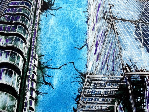 Painting of Fenchurch Street in London by artist Cathy Read featuring the Lloyds Building and the Cheesegrater