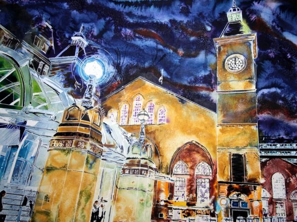 Original painting of Liverpool Street Station at Night by Cathy Read