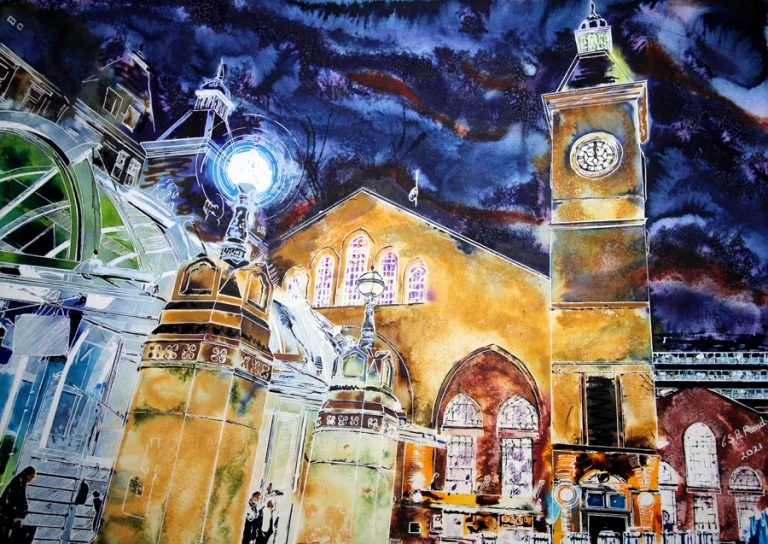 Original painting of Liverpool Street Station at Night by Cathy Read