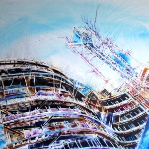 Painting of a building under construction by Contemporary Artist Cathy Read. Building in progress near Battersea in London