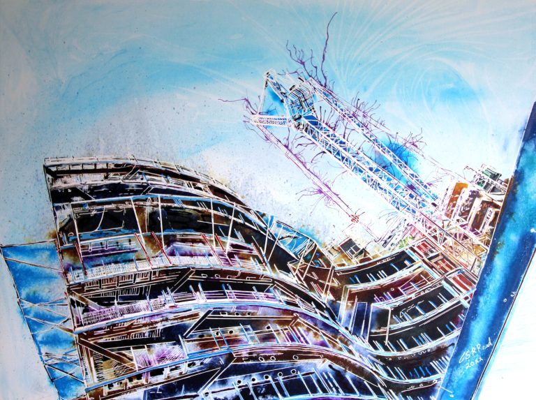 Painting of a building under construction by Contemporary Artist Cathy Read. Building in progress near Battersea in London
