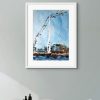 Room setting with Flight over the Thames, an original painting by artist Cathy Read. Featuring the cable car accross the River Thames in Greenwich.