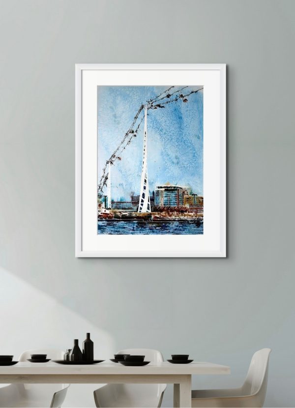 Room setting with Flight over the Thames, an original painting by artist Cathy Read. Featuring the cable car accross the River Thames in Greenwich.