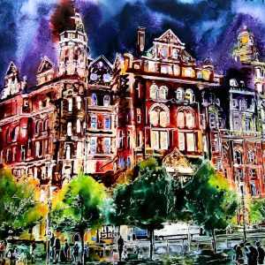 Midland Hotel, an original painting by Contemporary artist Cathy Read. Featuring the Midland Hotel in Manchester, illuminated at night.