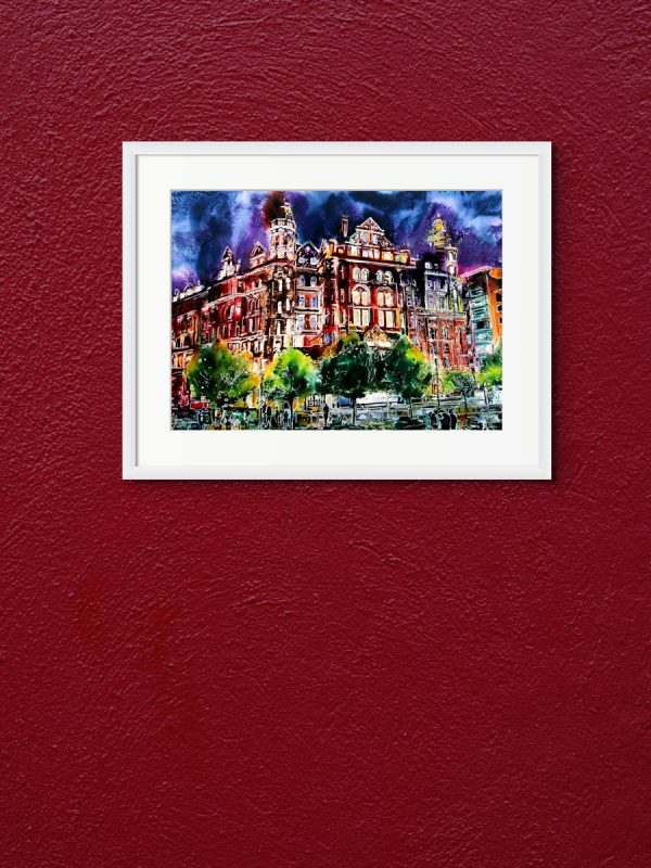 Room setting with Midland Hotel, an original painting by Contemporary artist Cathy Read. Featuring the Midland Hotel in Manchester, illuminated at night.