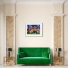 Room setting with Midland Hotel, an original painting by Contemporary artist Cathy Read. Featuring the Midland Hotel in Manchester, illuminated at night.