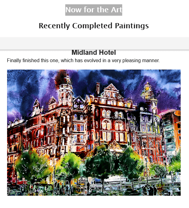Section form Cathy Read's newsletter featuring new painting of the Midland Hotel in Manchester painted by contemporary artist Cathy Read