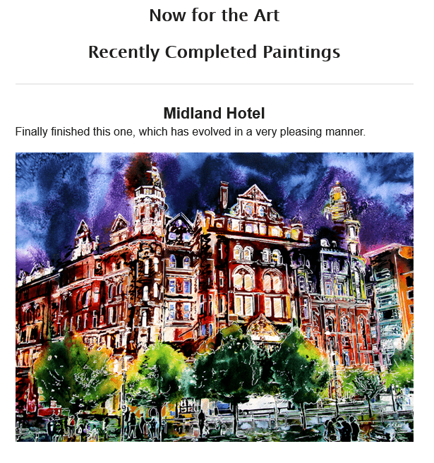 Section form Cathy Read's newsletter featuring new painting of the Midland Hotel in Manchester painted by contemporary artist Cathy Read