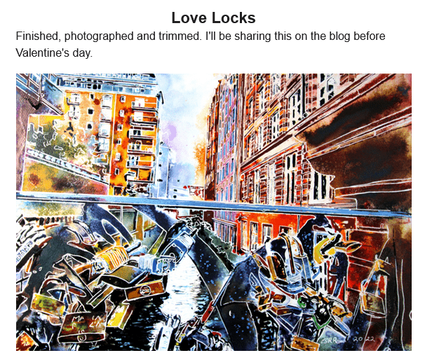 Section form Cathy Read's newsletter featuring new painting of the Lovelocks on a Bridge over the Rochdale Canal Manchester painted by contemporary artist Cathy Read