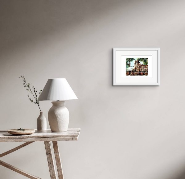 Room setting featuring A4 Print of artist Cathy Read's original painting of Swan Mill in Chadderton.