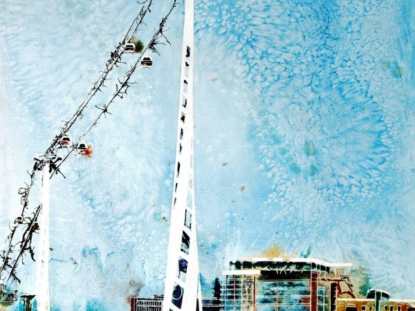 Painting of the Cable car flight over the Thames created by Cathy Read