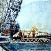 Painting of the River Thames featuring the London Eye and the Houses of Parliament seen from the South Bank. Misty Wheel was painted by contemporary Artist Cathy Read