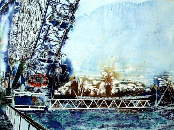 Painting of the River Thames featuring the London Eye and the Houses of Parliament seen from the South Bank. Misty Wheel was painted by contemporary Artist Cathy Read