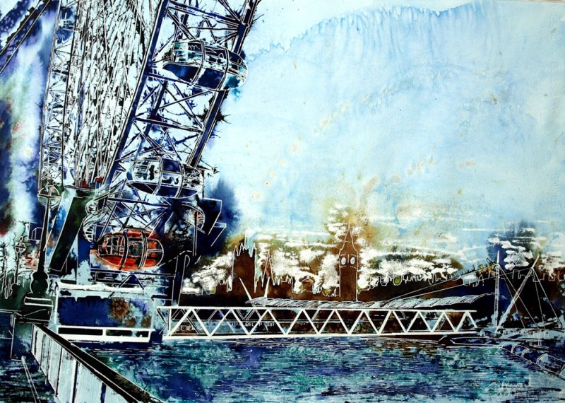 Painting of the River Thames featuring the London Eye and the Houses of Parliament seen from the South Bank. Misty Wheel was painted by contemporary Artist Cathy Read
