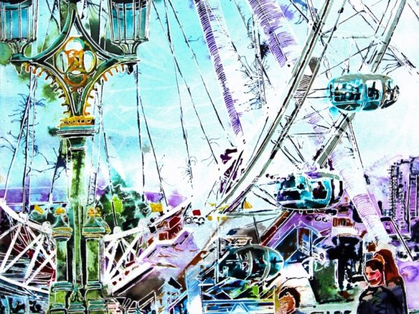 Painting of Westminster Bridge, the London Eye and a Lamp post. Created by Contemporary Artist Cathy Read