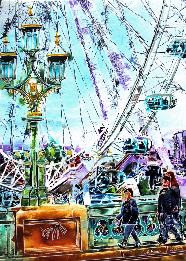 Painting of Westminster Bridge, the London Eye and a Lamp post. Created by Contemporary Artist Cathy Read