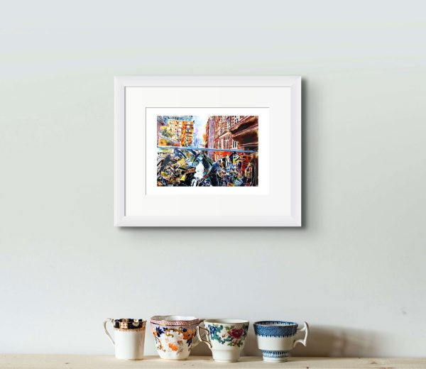 Room setting with and A3 print of Love Locks, an original painting by Contemporary artist Cathy Read. Featuring Love locks on a Canal Bridge on Oxford Street in Manchester.