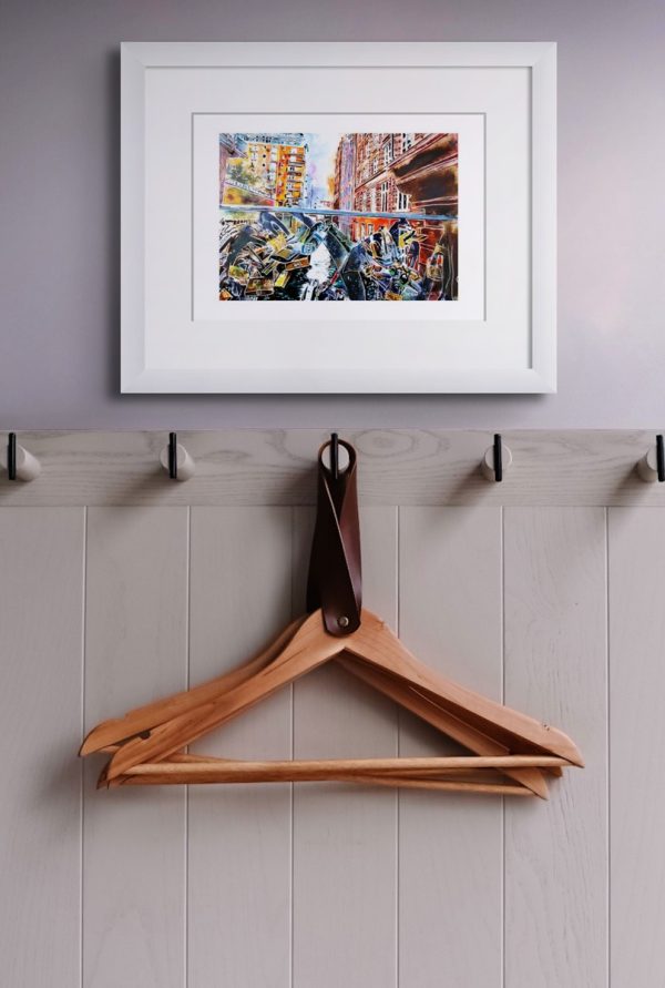 Room setting with and A3 print of Love Locks, an original painting by Contemporary artist Cathy Read. Featuring Love locks on a Canal Bridge on Oxford Street in Manchester.