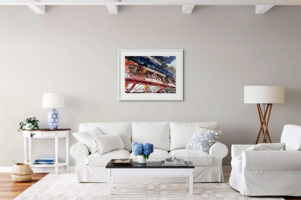 Room setting featuring an original painting Victorian Destinations by artist Cathy Read. Featuring an image of Victoria Station in Manchester.