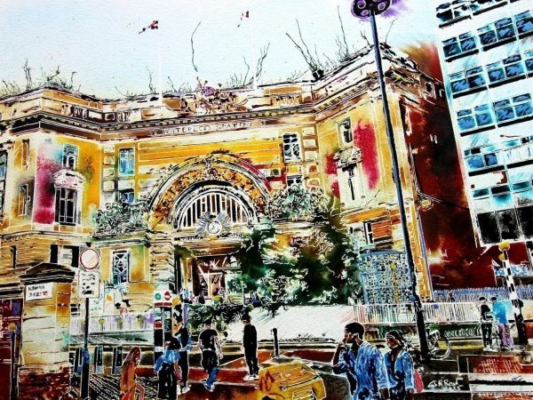 Original painting of Waterloo Station created by contemporary artist Cathy Read