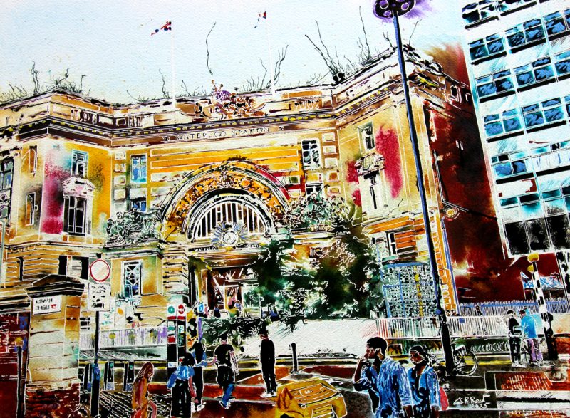 Original painting of Waterloo Station created by contemporary artist Cathy Read