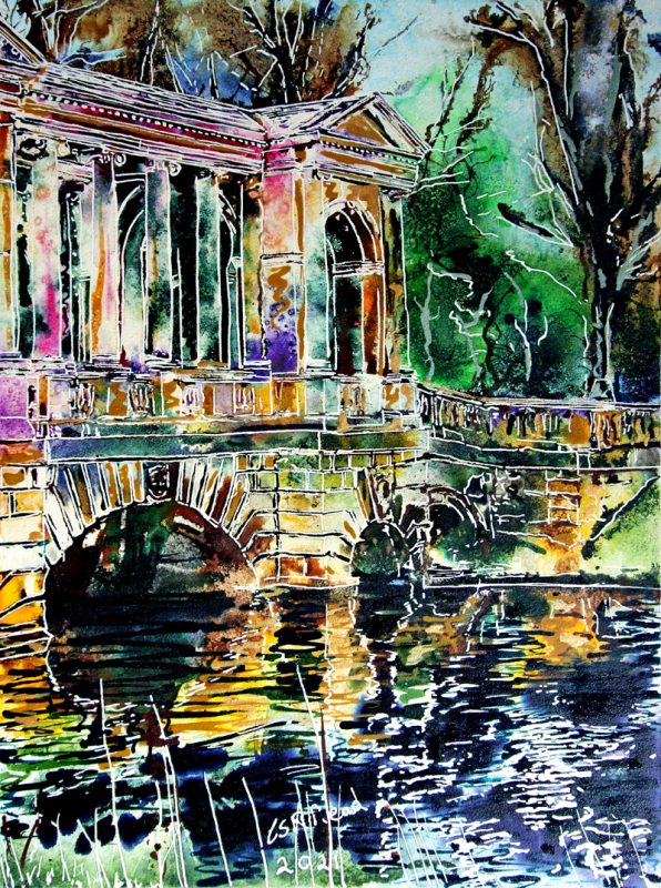 Painting of the Palladian Bridge at Stowe Landscape Gardens created by Cathy Read