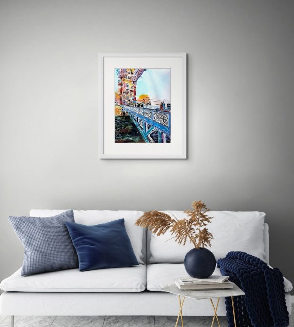 Room setting featuring Crossing Tower Bridge, original paintings by artist Cathy Read. Featuring an images of Tower Bridge on the Thames in London