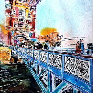 Painting of Tower Bridge looking accross the traddif to the North Tower. London Art