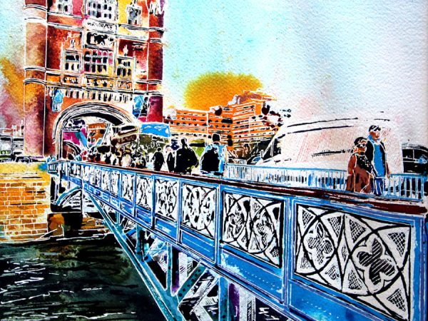 Painting of Tower Bridge looking accross the traddif to the North Tower. London Art
