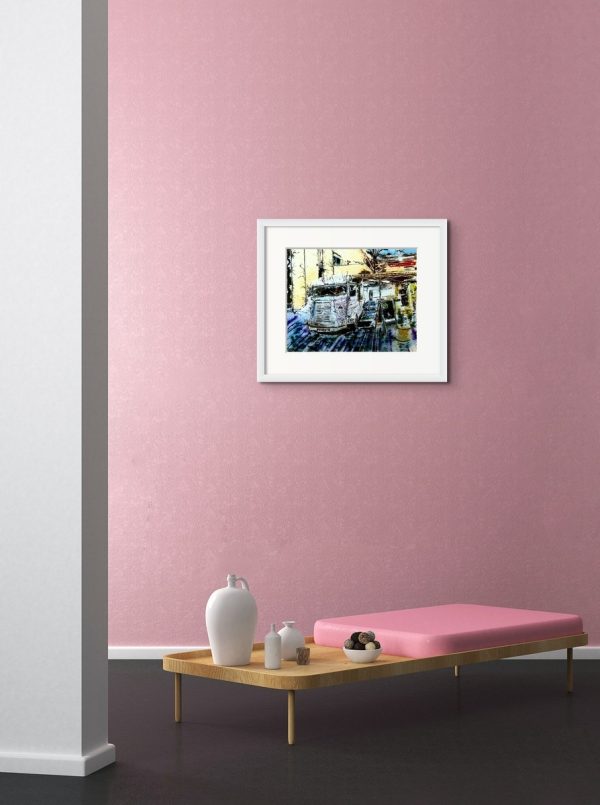 Room setting featuriing H Van Cafe, an original painting by artist Cathy Read. Featuring an image of a converted H Van.