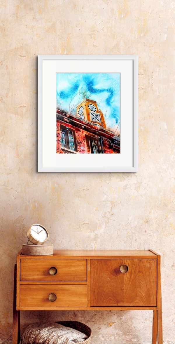 Room setting featuring Oxo Tower , original painting by artist Cathy Read. Featuring an images of the Oxo Tower on the Thames in London