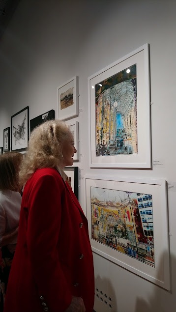 Princess Michael reflecting on Cathy Read paintings at the Mall Galleries in London