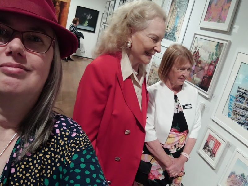 Selfie with Princess Michael and Helen Sinclair reflecting on Cathy Read paintings at the Mall Galleries in London