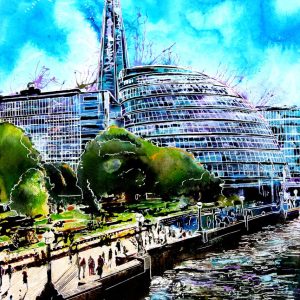 Paintng of the South Bank of the Thames showing the Shard, City Hall and the embankment in London. South Bank Shadows ©2023 - Cathy Read - Watercolour and Acrylic - 59.4x42.8cm