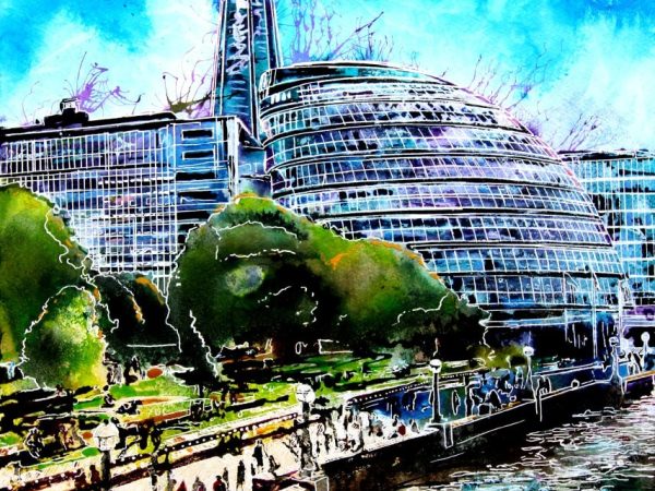 Paintng of the South Bank of the Thames showing the Shard, City Hall and the embankment in London. South Bank Shadows ©2023 - Cathy Read - Watercolour and Acrylic - 59.4x42.8cm