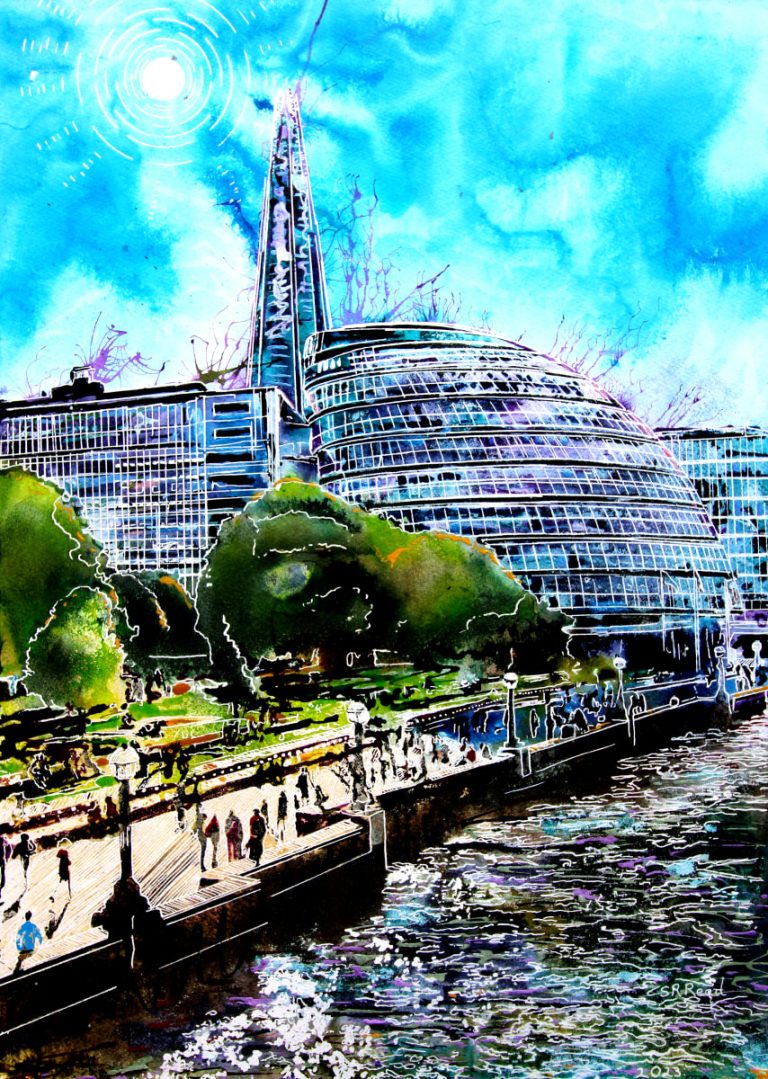 Paintng of the South Bank of the Thames showing the Shard, City Hall and the embankment in London. South Bank Shadows ©2023 - Cathy Read - Watercolour and Acrylic - 59.4x42.8cm