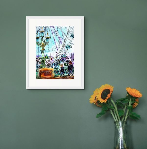 Room setting featuriing Four Clubs on Westminster Bridge, an original painting by artist Cathy Read. Featuring an image of Westminster Bridge, street light and the London Eye