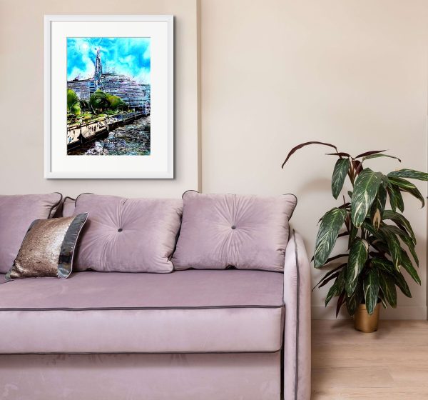Room setting featuring South Bank Shadows an original paintings by Contemporary artist Cathy Read. Featuring an image the South Bank of the Thames in sunlight with shadows.