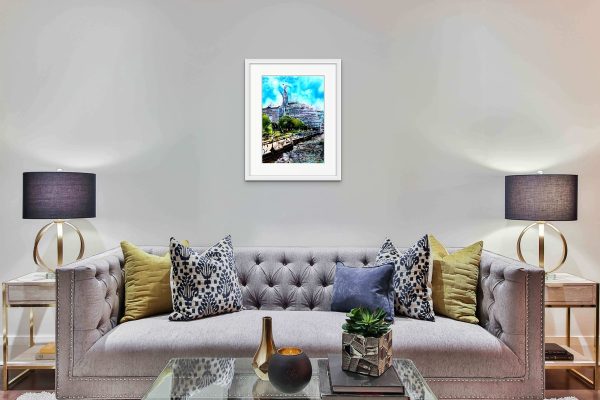 Room setting featuring South Bank Shadows an original paintings by Contemporary artist Cathy Read. Featuring an image the South Bank of the Thames in sunlight with shadows.