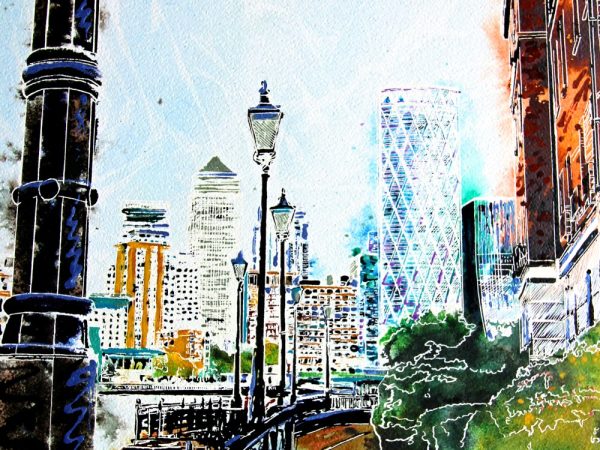 Painting of Canary Wharf from the Thames path by Cathy Read