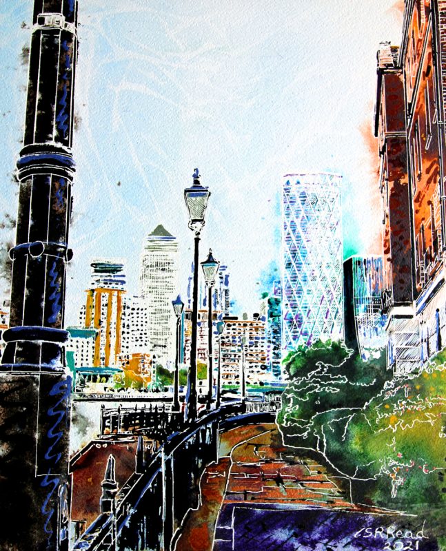Painting of Canary Wharf from the Thames path by Cathy Read