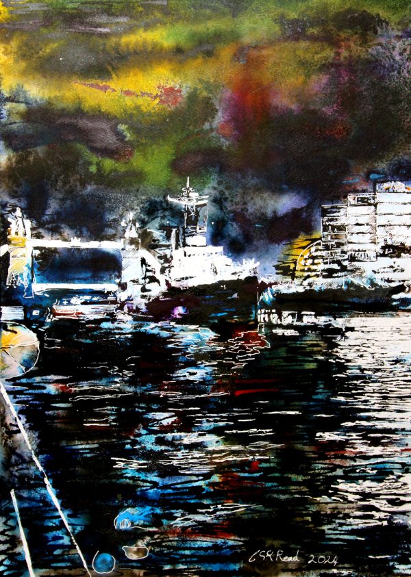 Cathy Read - Artist - HMS Belfast at Night Painting