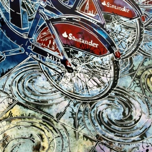 Boris Bikes - ©2016 - Cathy Read -  Watercolour and Acrylic - 30.8 x 45.2 cm - £398