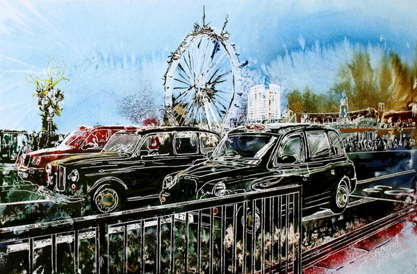 Taxi Marathon 2 - ©2014 - Cathy Read - Watercolour and Acrylic on paper on board -30 x 45 cm - SOLD