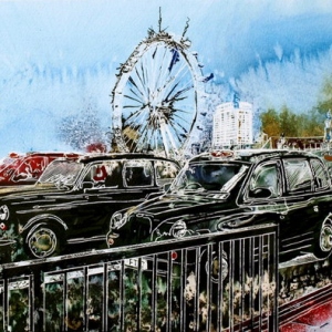 Taxi Marathon 2 - ©2014 - Cathy Read - Watercolour and Acrylic on paper on board -30 x 45 cm - SOLD