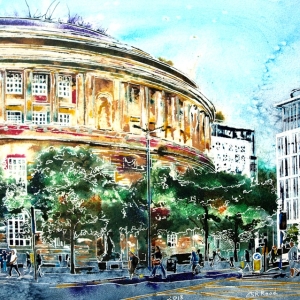 Heading Home Past Central Library ©2018 - Cathy Read - 42 x 59 cm - Watercolour and Acrylic ink